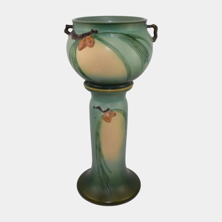 Roseville Pine Cone Green 1953 Art Pottery Ceramic Jardiniere And Pedestal 402-8