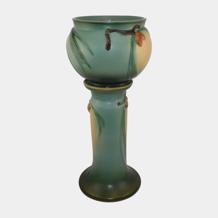 Roseville Pine Cone Green 1953 Art Pottery Ceramic Jardiniere And Pedestal 402-8