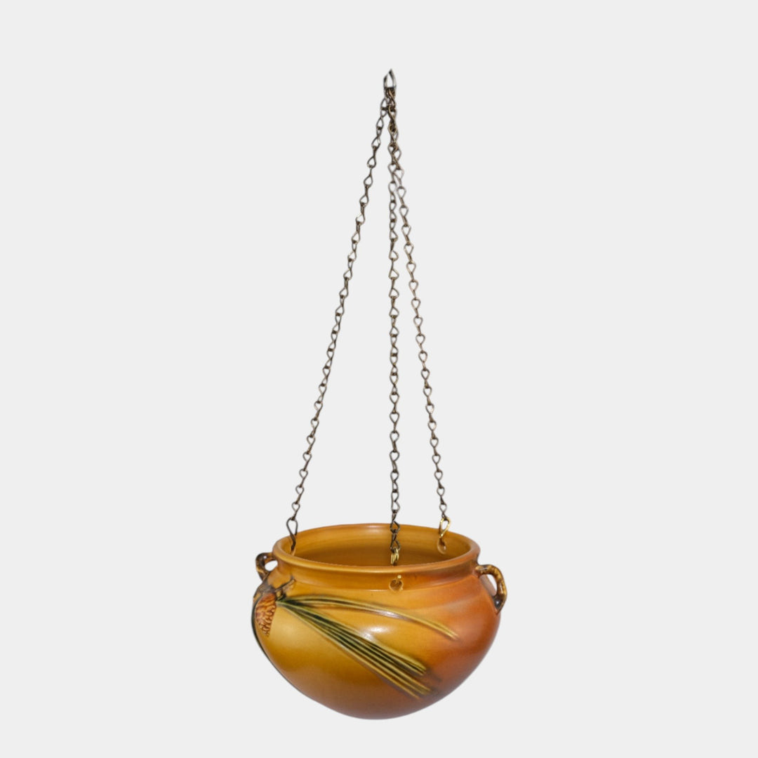 Roseville Pine Cone Brown 1935 Vintage Art Pottery Hanging Basket Planter 352-5