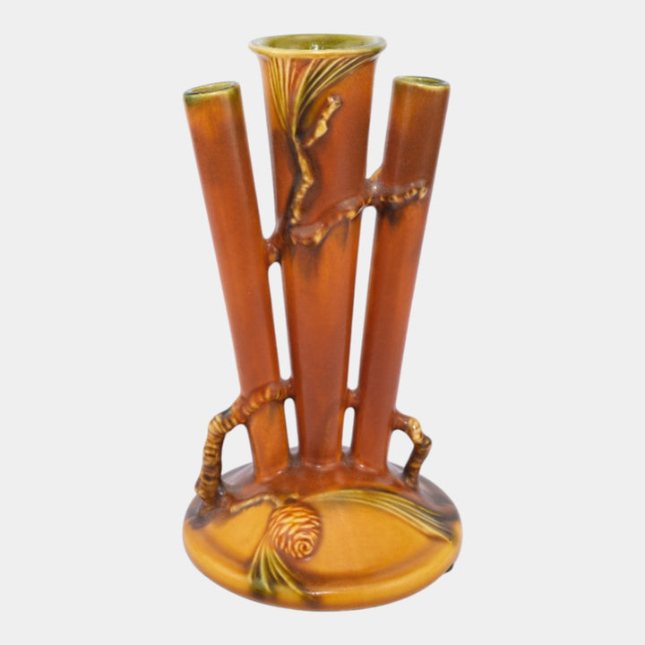 Roseville Pine Cone Brown 1935 Vintage Art Pottery Triple Bud Ceramic Vase 113-8