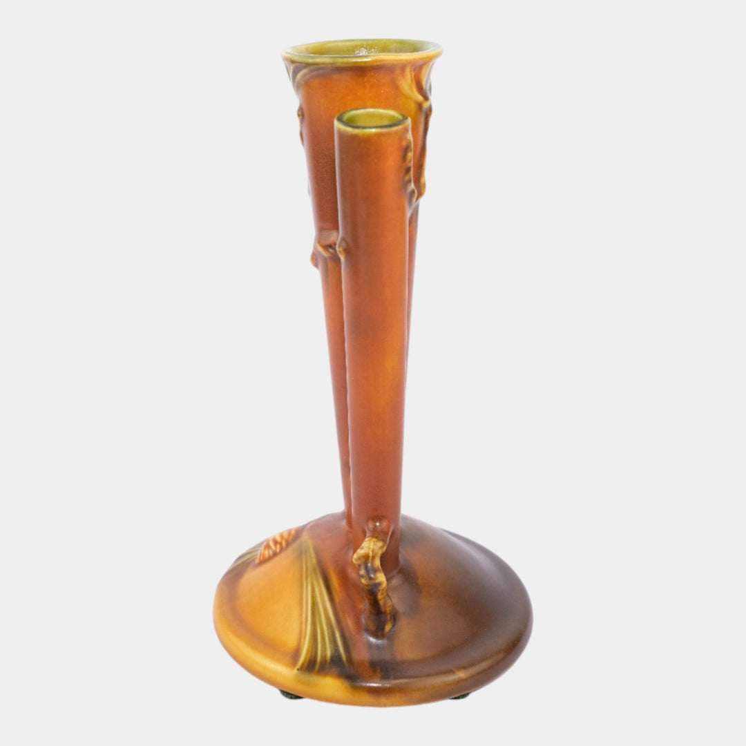 Roseville Pine Cone Brown 1935 Vintage Art Pottery Triple Bud Ceramic Vase 113-8