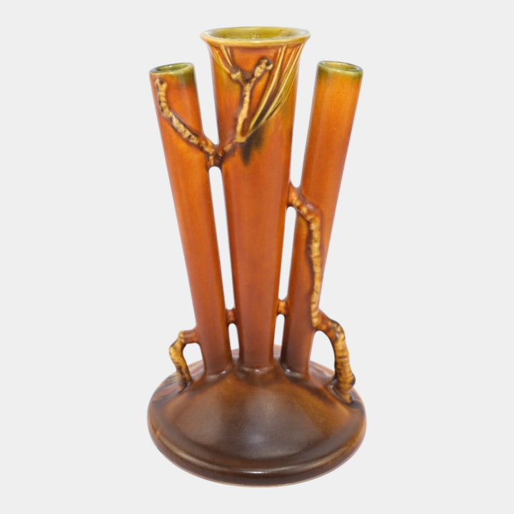 Roseville Pine Cone Brown 1935 Vintage Art Pottery Triple Bud Ceramic Vase 113-8