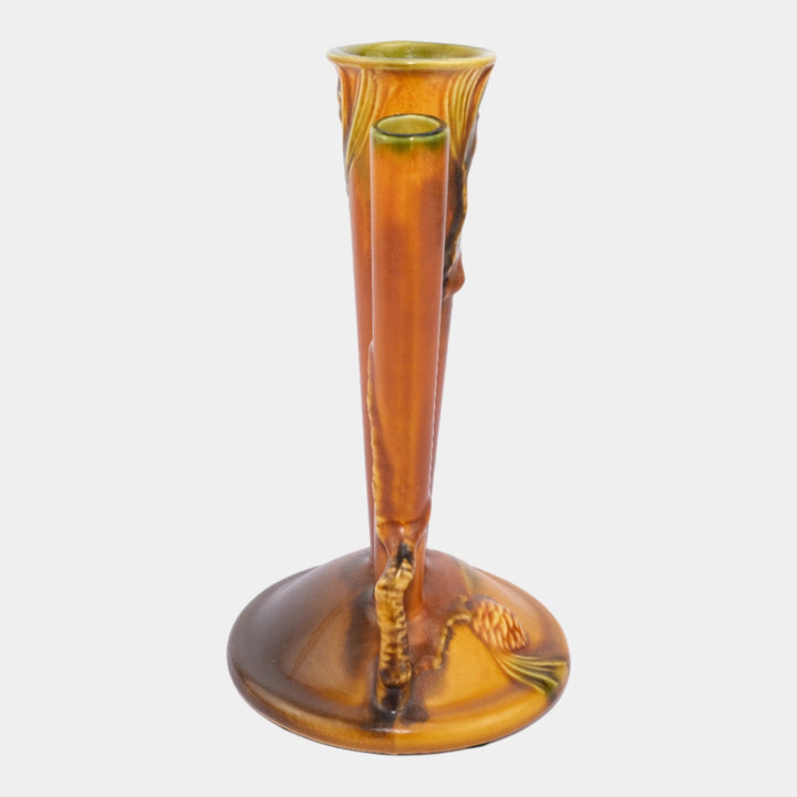 Roseville Pine Cone Brown 1935 Vintage Art Pottery Triple Bud Ceramic Vase 113-8