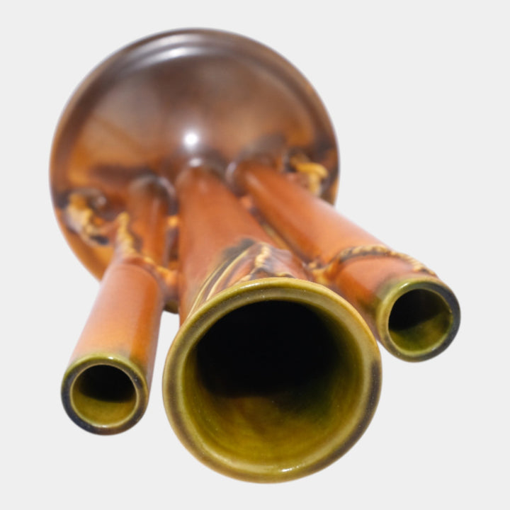 Roseville Pine Cone Brown 1935 Vintage Art Pottery Triple Bud Ceramic Vase 113-8