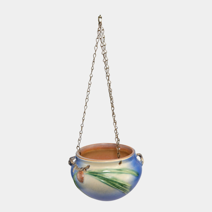 Roseville Pine Cone Blue 1935 Vintage Art Pottery Hanging Basket Planter 352-5