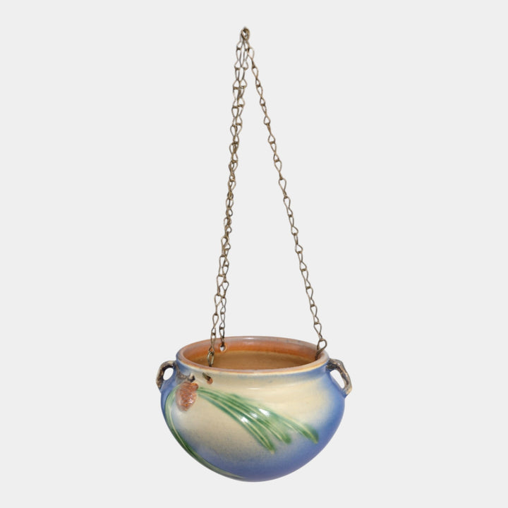 Roseville Pine Cone Blue 1935 Vintage Art Pottery Hanging Basket Planter 352-5