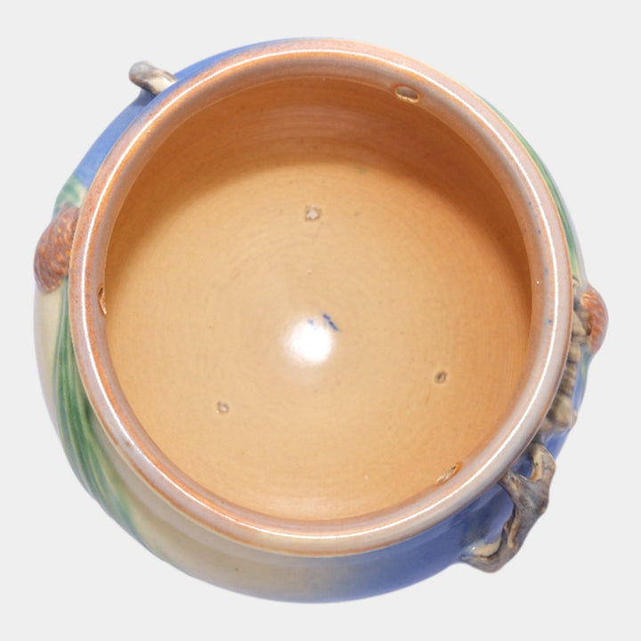 Roseville Pine Cone Blue 1935 Vintage Art Pottery Hanging Basket Planter 352-5