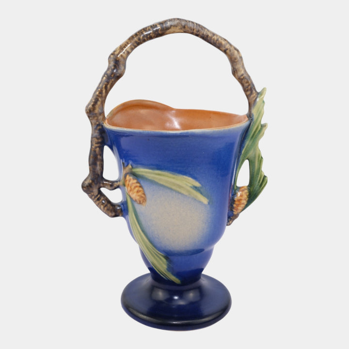 Roseville Pine Cone Blue Vintage Art Pottery Ceramic Basket 353-11