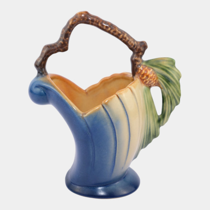 Roseville Pine Cone Blue 1953 Vintage Mid Century Modern Pottery Basket 408-6