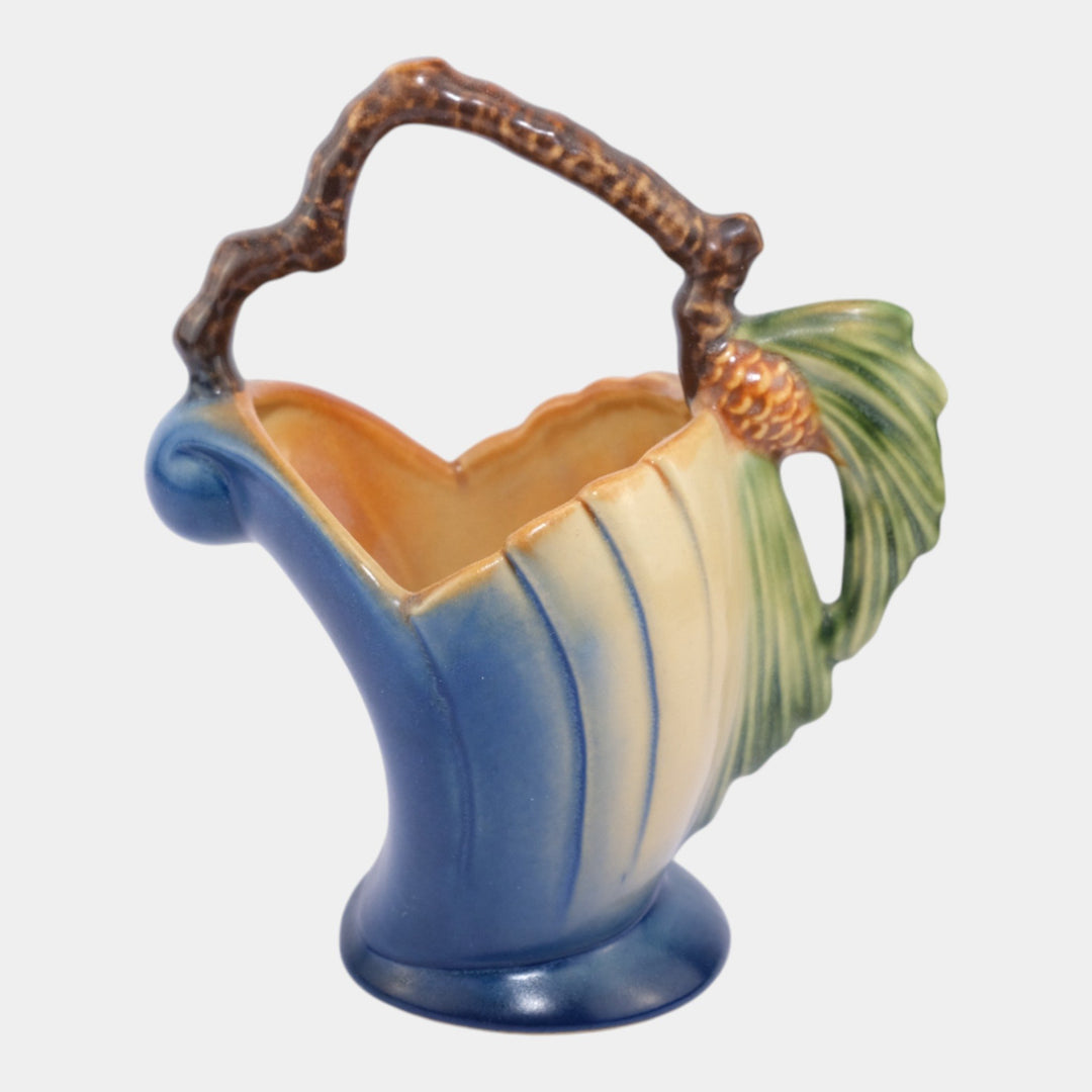 Roseville Pine Cone Blue 1953 Vintage Mid Century Modern Pottery Basket 408-6