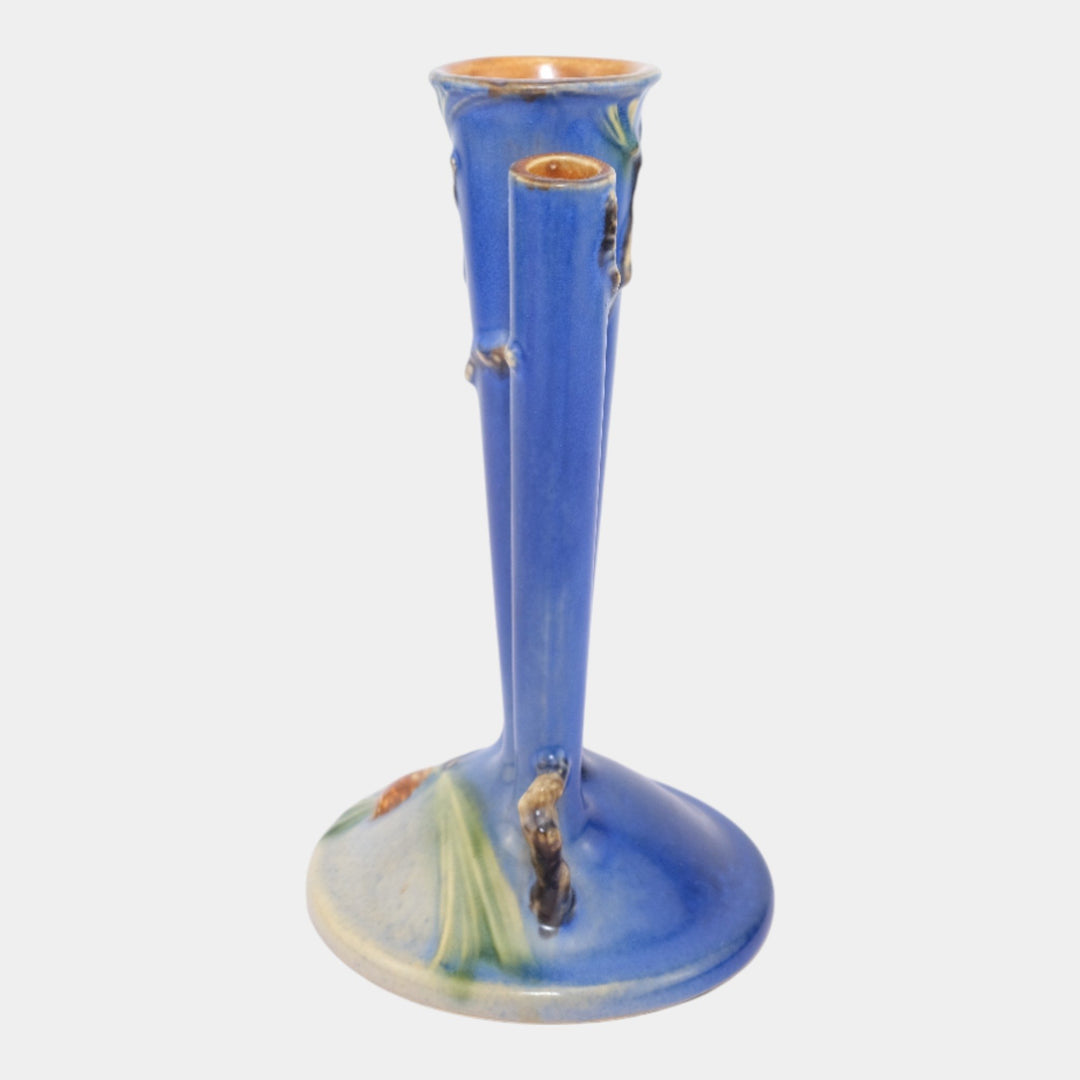 Roseville Pine Cone Blue 1935 Vintage Art Pottery Ceramic Triple Bud Vase 113-8