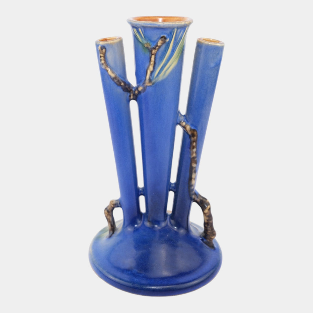 Roseville Pine Cone Blue 1935 Vintage Art Pottery Ceramic Triple Bud Vase 113-8