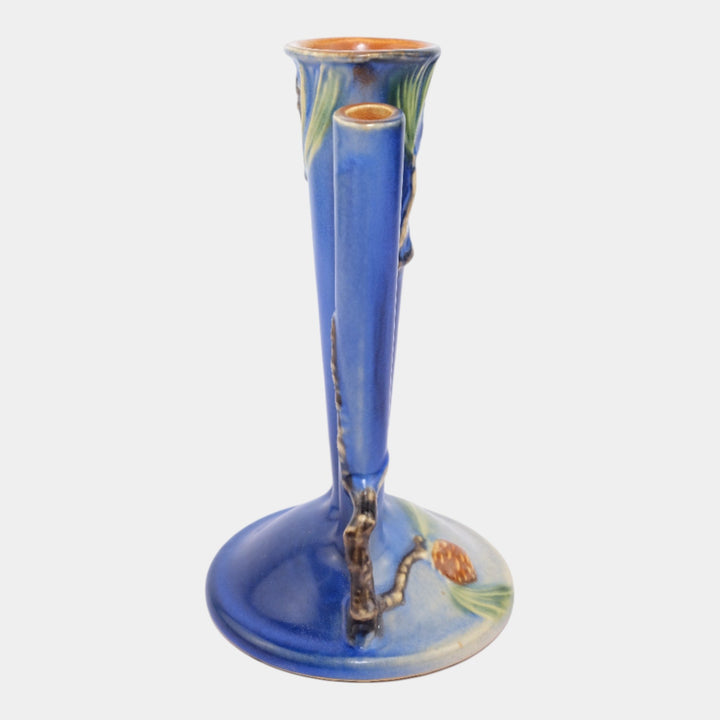 Roseville Pine Cone Blue 1935 Vintage Art Pottery Ceramic Triple Bud Vase 113-8
