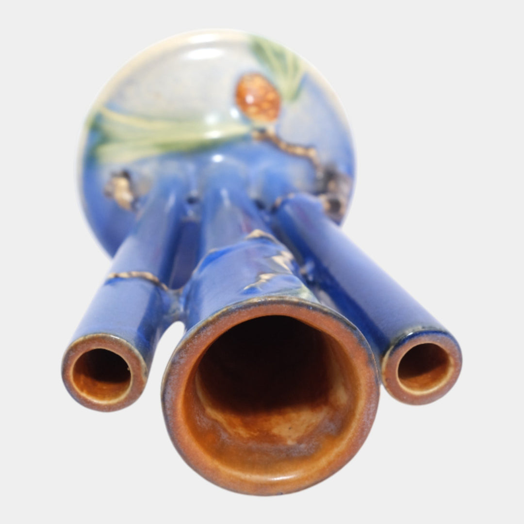 Roseville Pine Cone Blue 1935 Vintage Art Pottery Ceramic Triple Bud Vase 113-8