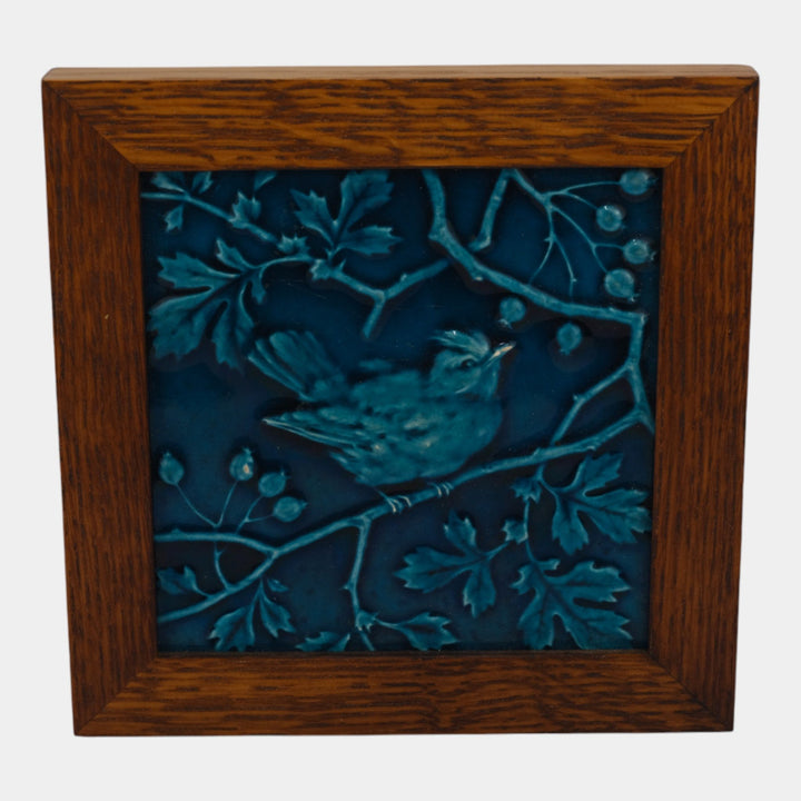 Minton Late 19th Century English Art Pottery Blue Bird On Branch Framed Tile