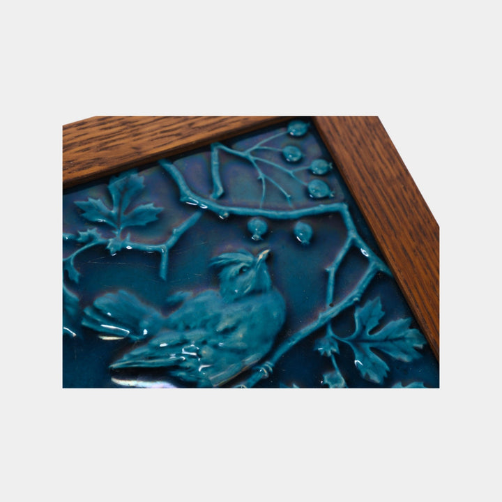 Minton Late 19th Century English Art Pottery Blue Bird On Branch Framed Tile