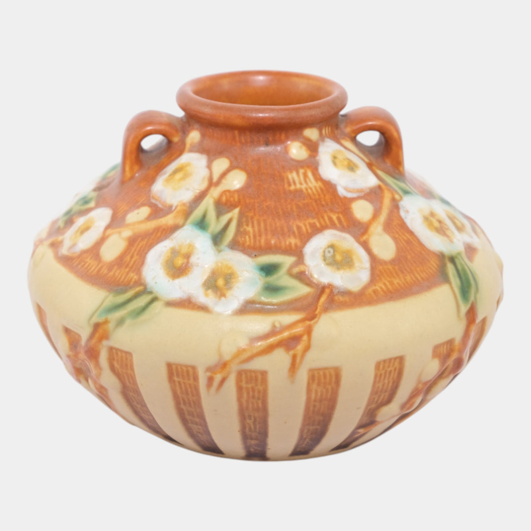 Roseville Cherry Blossom Brown 1933 Vintage Art Deco Pottery Ceramic Vase 617-3 - Just Art Pottery
