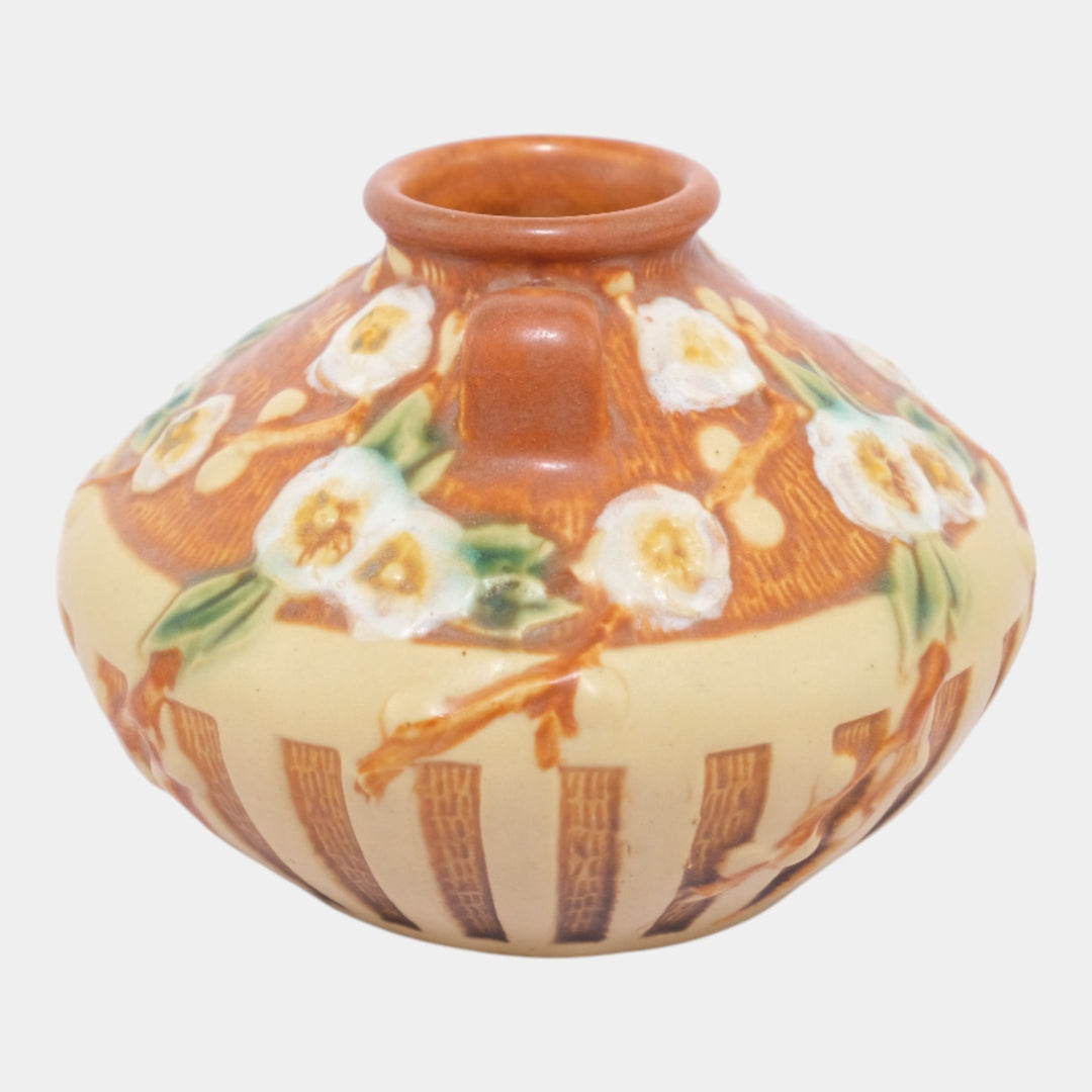 Roseville Cherry Blossom Brown 1933 Vintage Art Deco Pottery Ceramic Vase 617-3 - Just Art Pottery