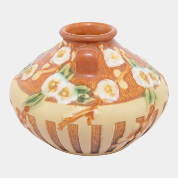 Roseville Cherry Blossom Brown 1933 Vintage Art Deco Pottery Ceramic Vase 617-3 - Just Art Pottery