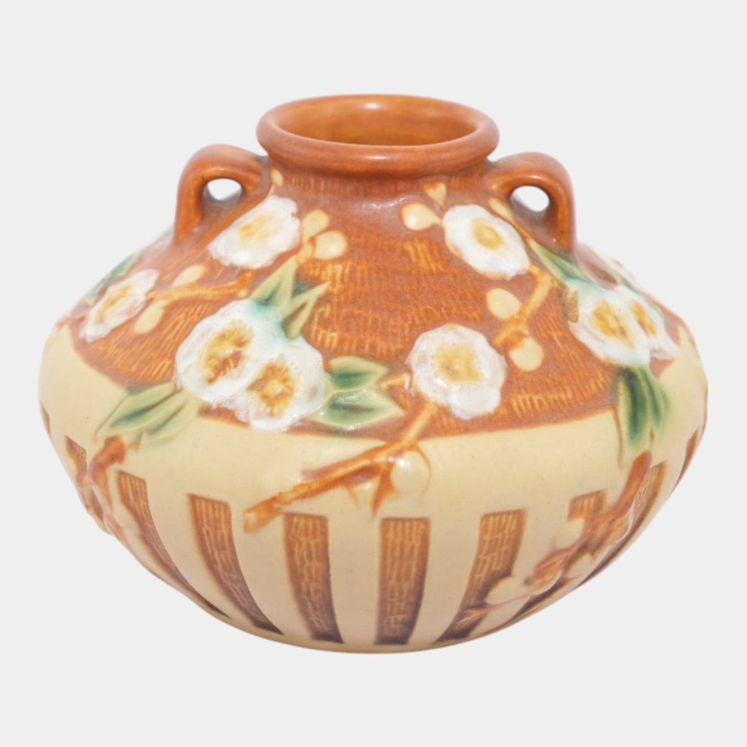 Roseville Cherry Blossom Brown 1933 Vintage Art Deco Pottery Ceramic Vase 617-3 - Just Art Pottery