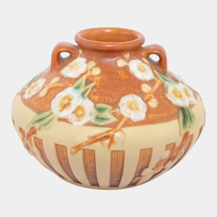Roseville Cherry Blossom Brown 1933 Vintage Art Deco Pottery Ceramic Vase 617-3 - Just Art Pottery