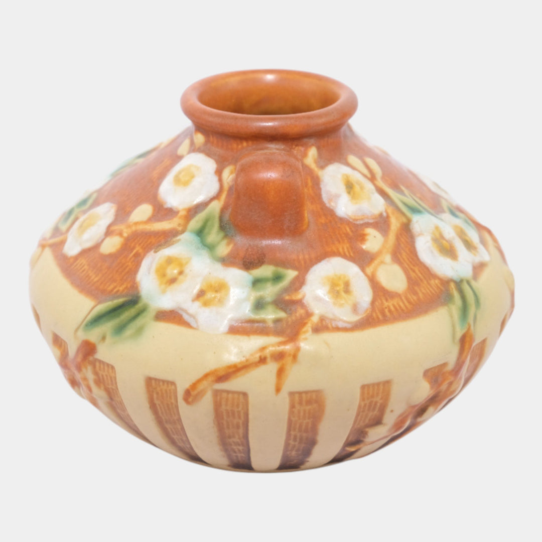 Roseville Cherry Blossom Brown 1933 Vintage Art Deco Pottery Ceramic Vase 617-3 - Just Art Pottery