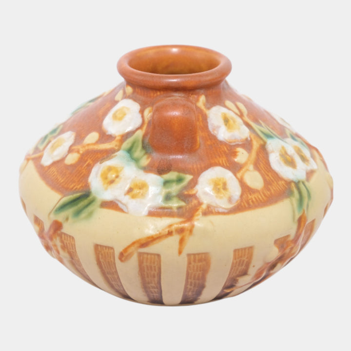 Roseville Cherry Blossom Brown 1933 Vintage Art Deco Pottery Ceramic Vase 617-3 - Just Art Pottery