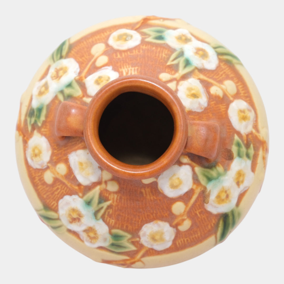 Roseville Cherry Blossom Brown 1933 Vintage Art Deco Pottery Ceramic Vase 617-3 - Just Art Pottery