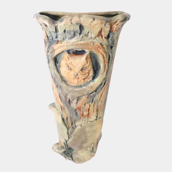 Weller Woodcraft 1920s Vintage Pottery Green And Brown Owl Ceramic Wall Pocket