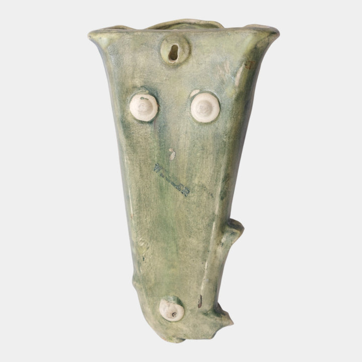 Weller Woodcraft 1920s Vintage Pottery Green And Brown Owl Ceramic Wall Pocket