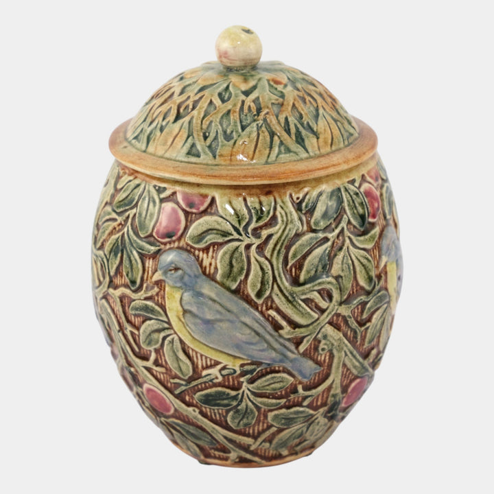 Weller Selma Knifewood Late 1910s Art Pottery Blue Bird Ceramic Lidded Vase