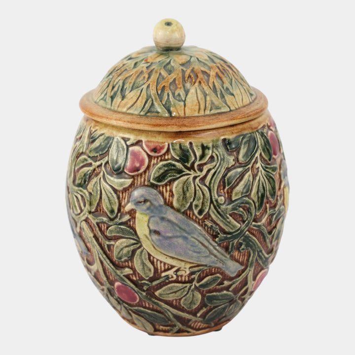 Weller Selma Knifewood Late 1910s Art Pottery Blue Bird Ceramic Lidded Vase