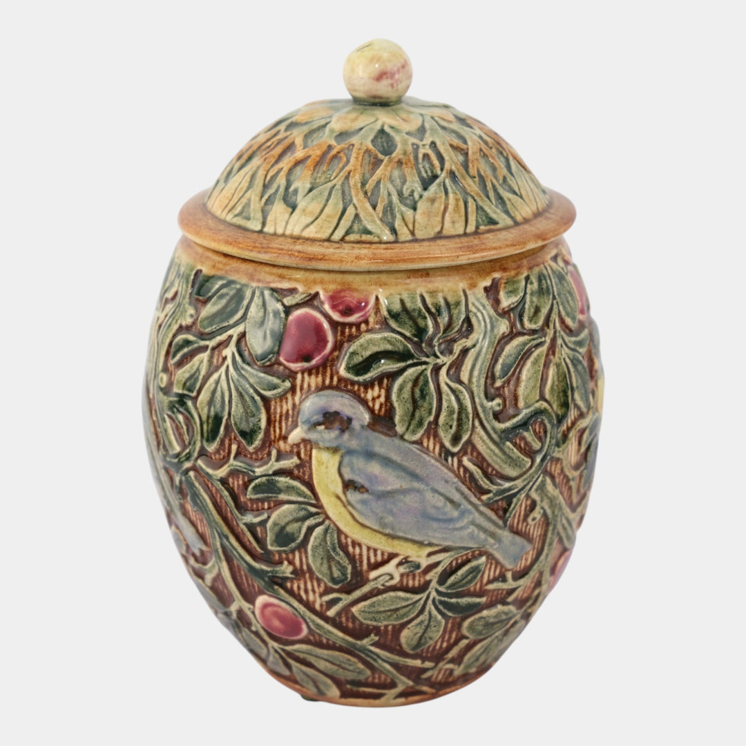 Weller Selma Knifewood Late 1910s Art Pottery Blue Bird Ceramic Lidded Vase