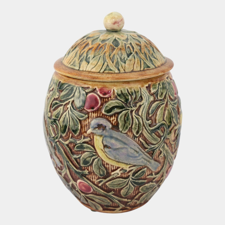 Weller Selma Knifewood Late 1910s Art Pottery Blue Bird Ceramic Lidded Vase