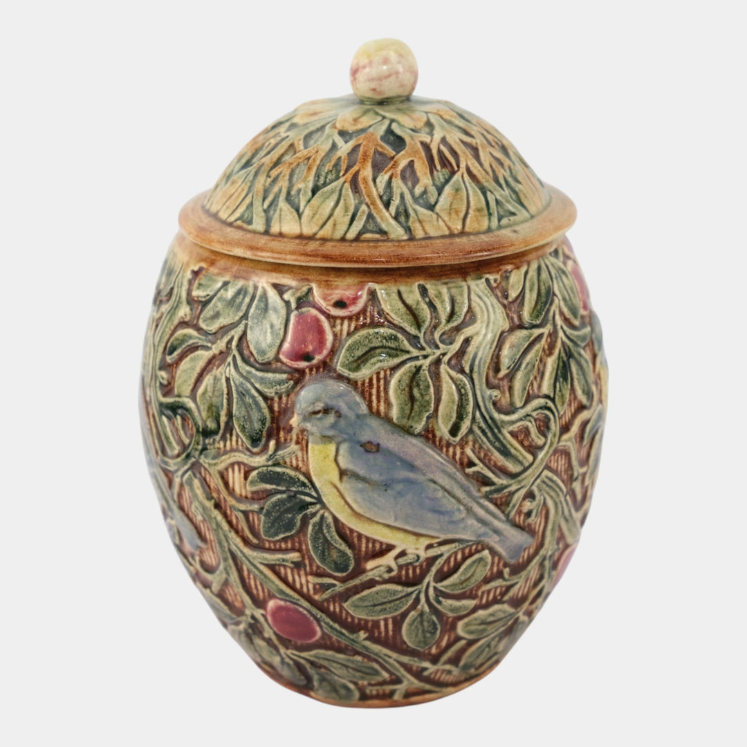 Weller Selma Knifewood Late 1910s Art Pottery Blue Bird Ceramic Lidded Vase