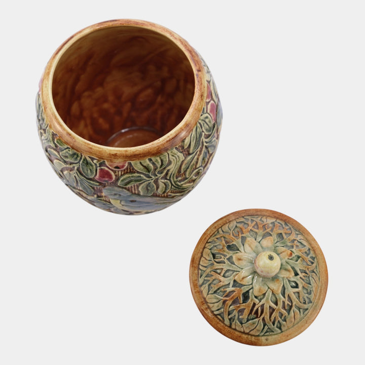 Weller Selma Knifewood Late 1910s Art Pottery Blue Bird Ceramic Lidded Vase