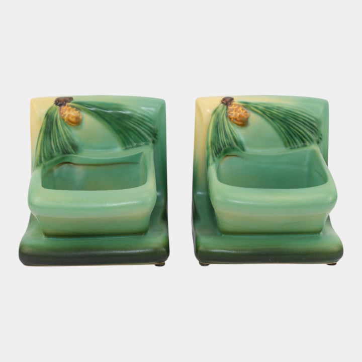 Roseville Pine Cone Green 1953 Vintage Art Pottery Ceramic Planter Bookends 459