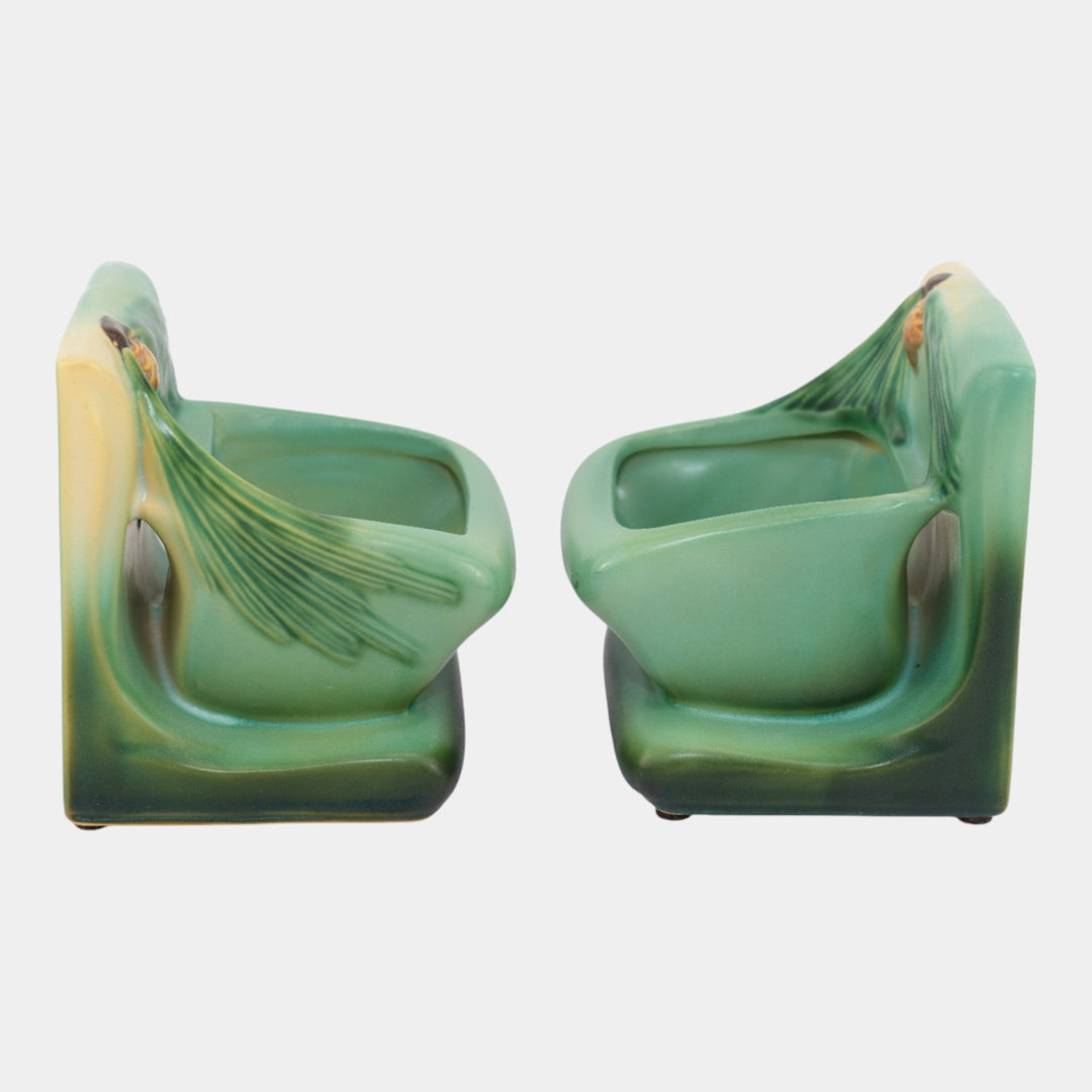 Roseville Pine Cone Green 1953 Vintage Art Pottery Ceramic Planter Bookends 459