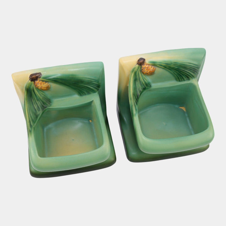 Roseville Pine Cone Green 1953 Vintage Art Pottery Ceramic Planter Bookends 459