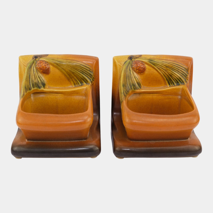 Roseville Pine Cone Brown1953 Vintage Art Pottery Ceramic Planter Bookends 459 - Just Art Pottery