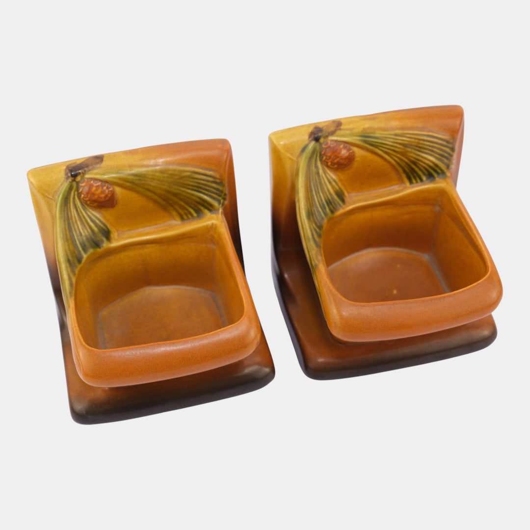 Roseville Pine Cone Brown1953 Vintage Art Pottery Ceramic Planter Bookends 459 - Just Art Pottery