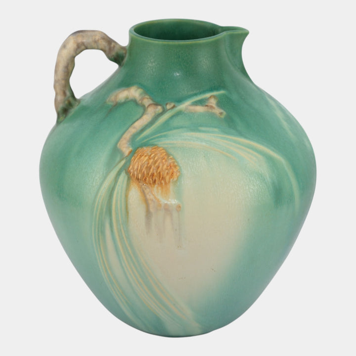 Roseville Pine Cone 1936 Vintage Art Pottery Green Ceramic Pitcher 708-9 - Just Art Pottery