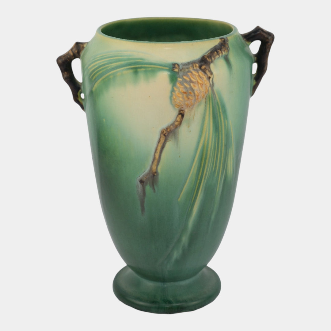 Roseville Pine Cone Green 1936 Vintage Art Pottery Ceramic Handled Vase 709-10