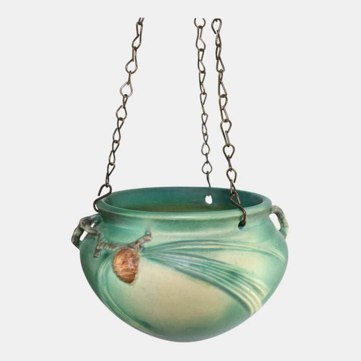 Roseville Pine Cone Green 1935 Vintage Art Pottery Hanging Basket Planter 352-5