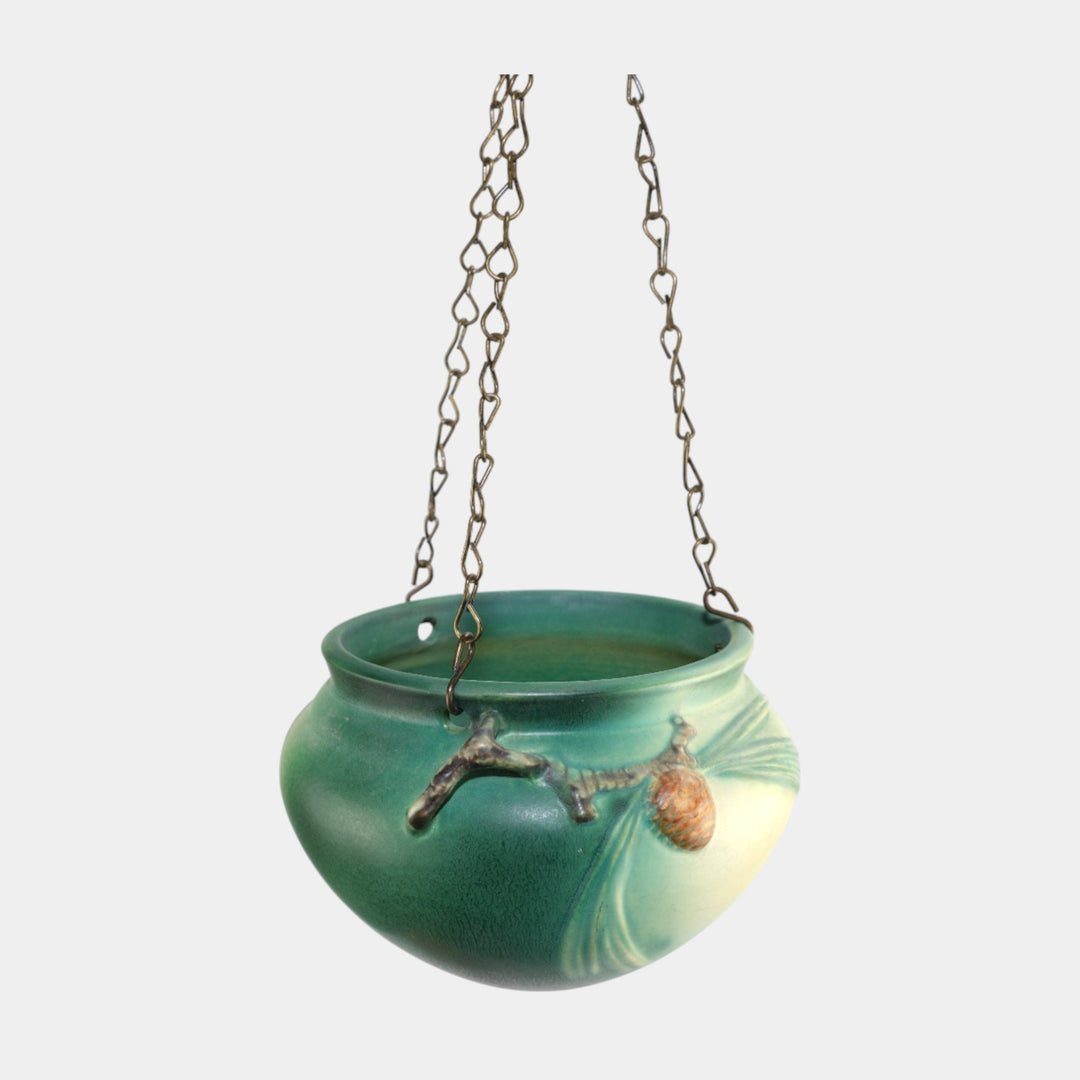 Roseville Pine Cone Green 1935 Vintage Art Pottery Hanging Basket Planter 352-5