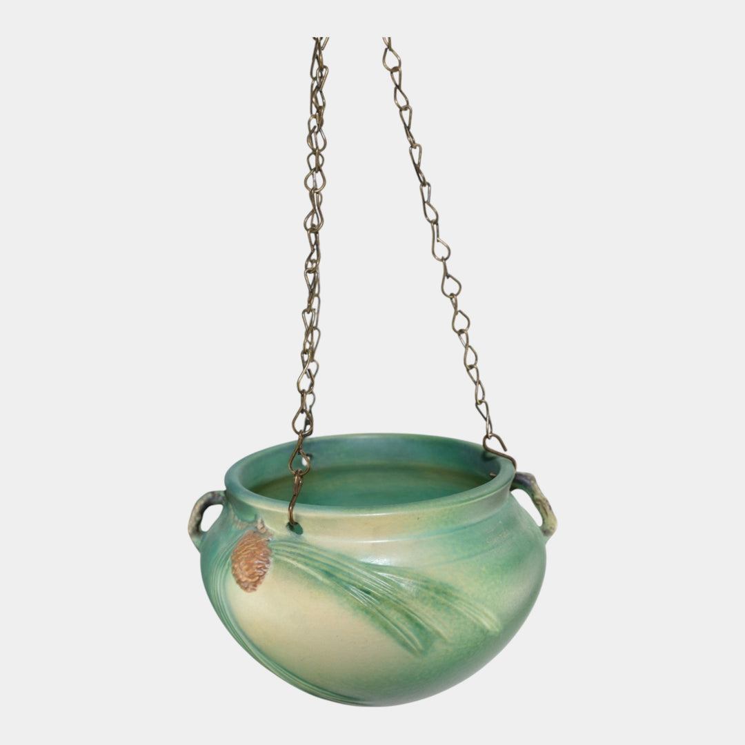 Roseville Pine Cone Green 1935 Vintage Art Pottery Hanging Basket Planter 352-5