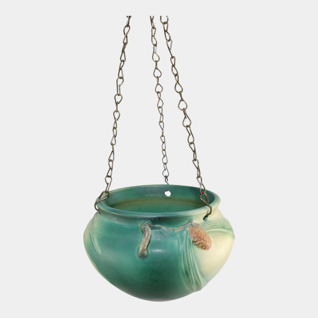 Roseville Pine Cone Green 1935 Vintage Art Pottery Hanging Basket Planter 352-5