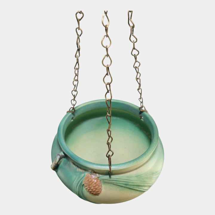 Roseville Pine Cone Green 1935 Vintage Art Pottery Hanging Basket Planter 352-5