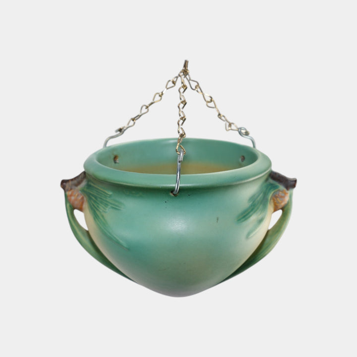 Roseville Pine Cone 1935 Vintage Art Pottery Green Hanging Basket Planter 351