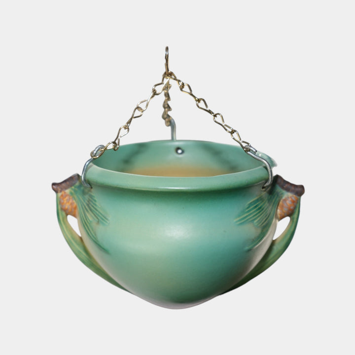 Roseville Pine Cone 1935 Vintage Art Pottery Green Hanging Basket Planter 351